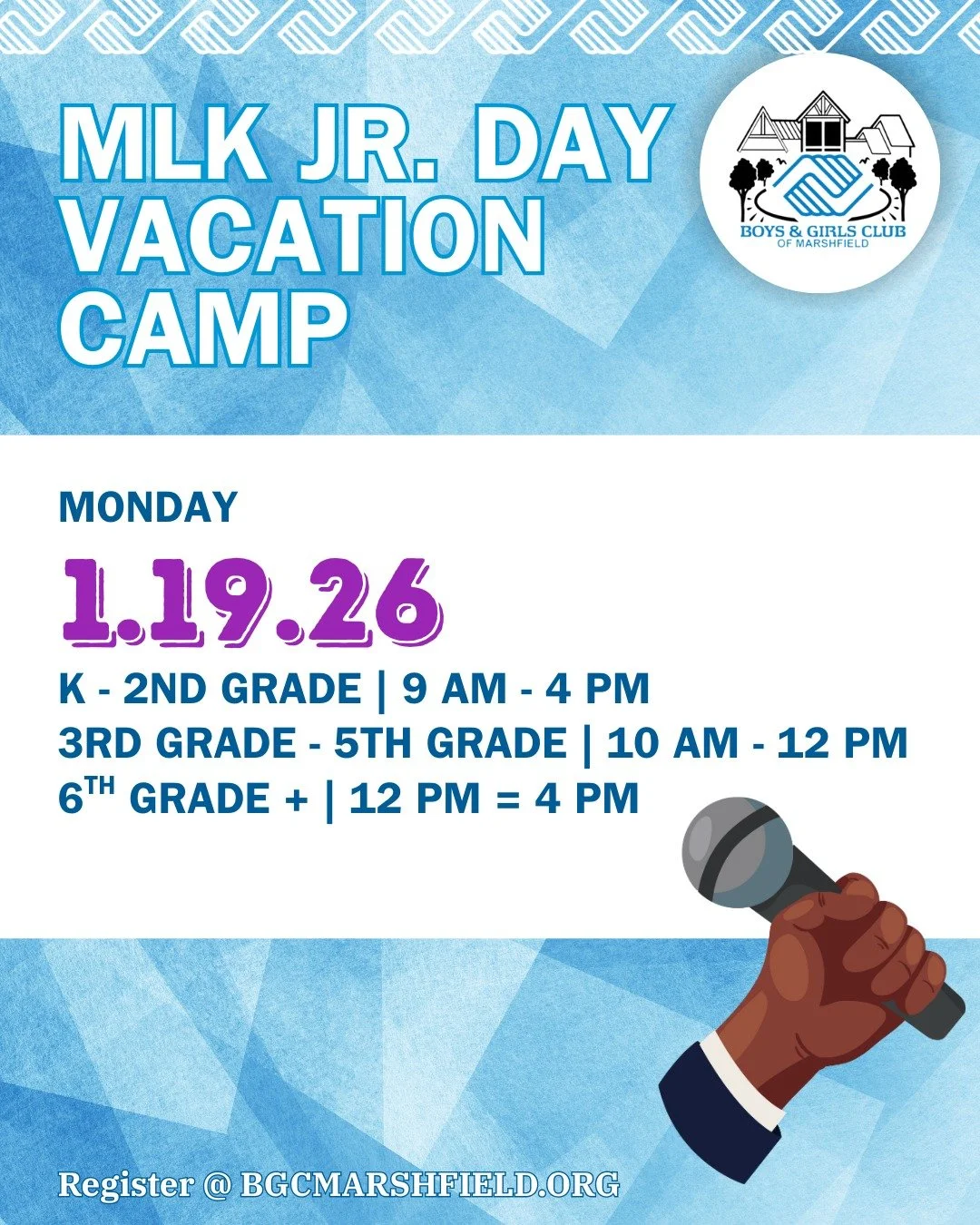 Looking for something fun and flexible for MLK Jr. Day? We&rsquo;ve got you covered! Join us for a day of activities with options by grade level:

- 9:00am&ndash;4:00pm | Kindergarten&ndash;2nd grade
Full-day camp &bull; $70 &bull; Drop-off begins at