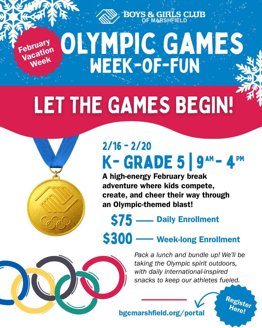 🏅 Let the games begin!

Our Olympic Games Week-of-Fun is coming this February Vacation, packed with competition, creativity, and tons of energy! 

📅 Feb 16&ndash;20 | Grades K&ndash;5 | 9AM&ndash;4PM
🎯 Daily or week-long enrollment available

Regi