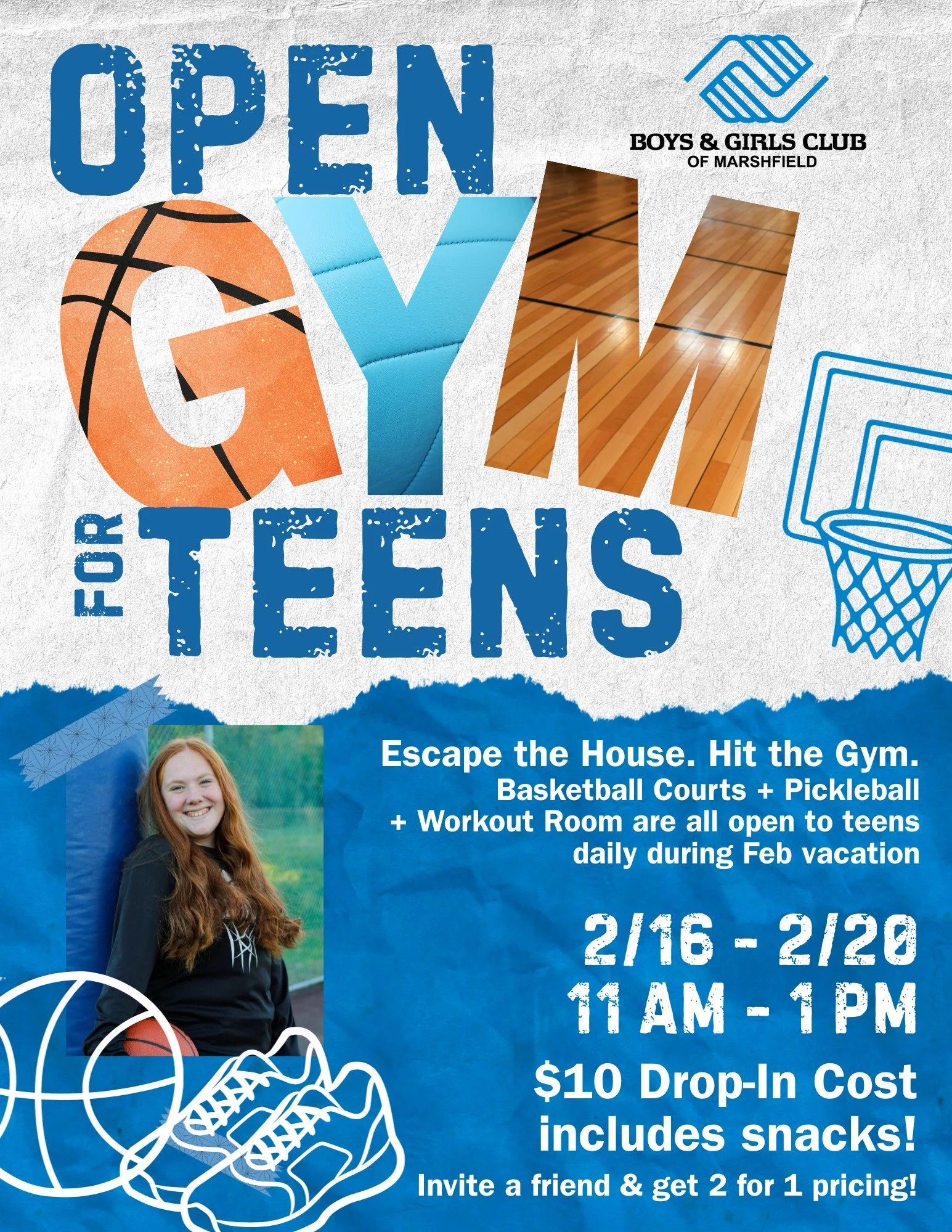 Calling all teens! 📣🏀

Our gym is OPEN all February Vacation for pickup games, practice, and fun with friends.

🗓 Feb 16&ndash;20 | 11AM&ndash;1PM
 ✔️ Drop-ins welcome

#BGCMarshfield #TeenPrograms #MarshfieldMA #OpenGym #FebruaryVacation