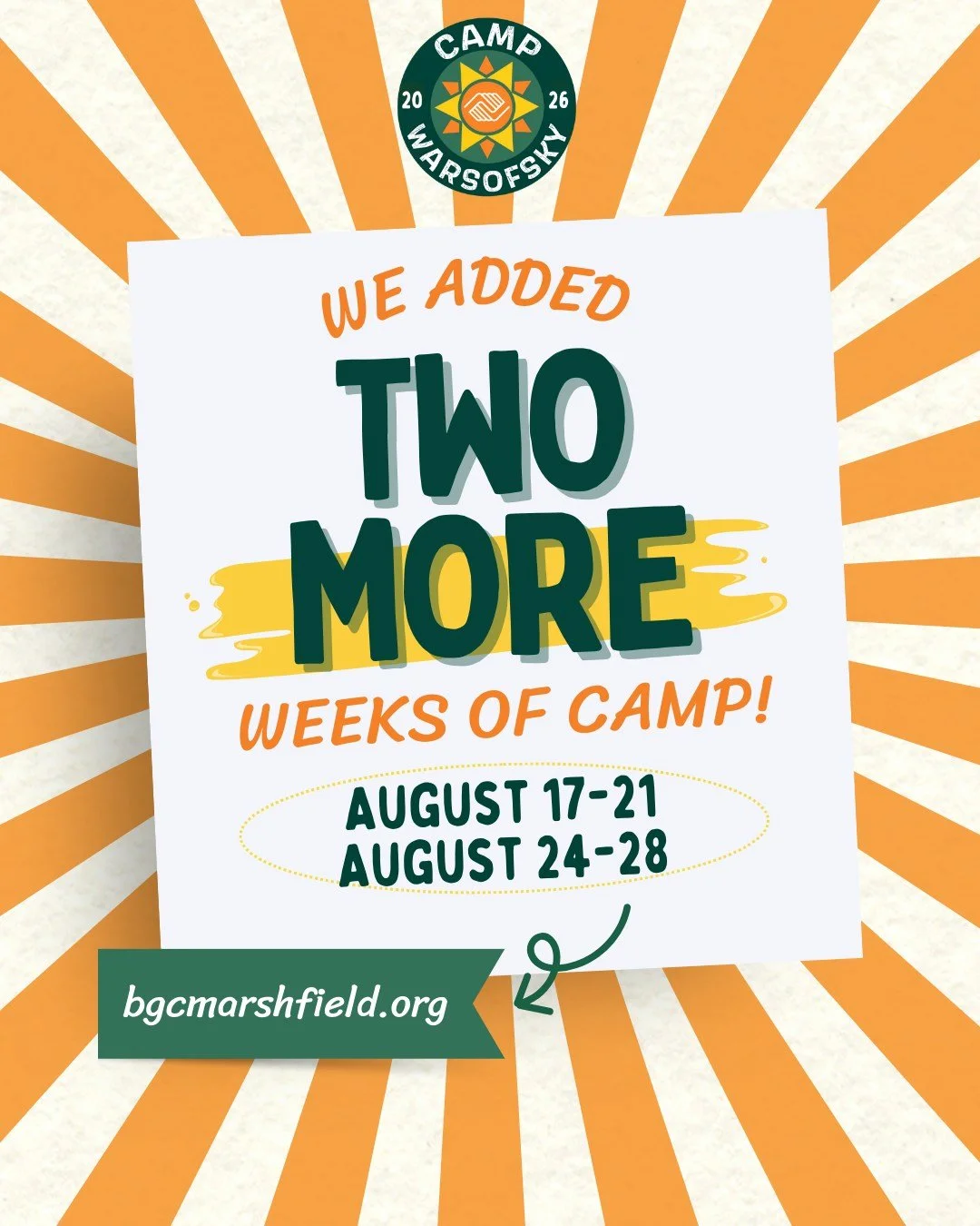 The summer solution parents have been looking for is here!☀️

Two NEW weeks have just been added to Camp Warsofsky 2026, perfect for those final weeks before school starts! 🙌

📅 Now open:
 &bull; August 17&ndash;21
 &bull; August 24&ndash;28

We kn