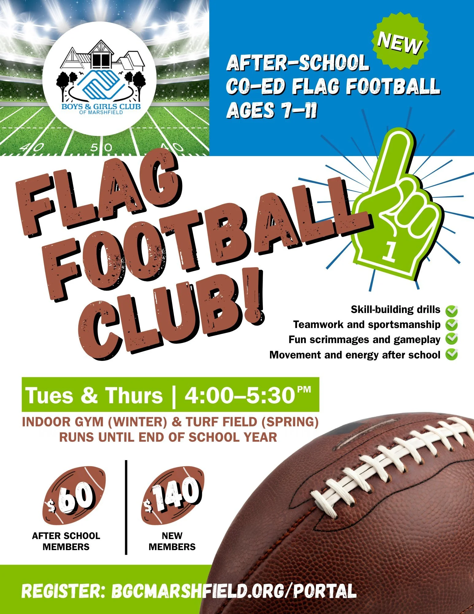 Looking for an after-school activity your child will actually love? 🏈💙

Our Flag Football Club helps kids build confidence, friendships, and skills, while having a blast.

Ages 7&ndash;11 | Tues &amp; Thurs | 4:00&ndash;5:30 PM

Register now: bgcma