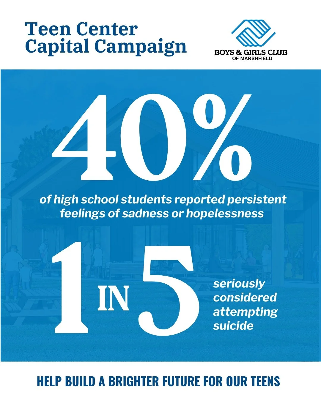 Every teen deserves to feel supported, understood, and hopeful. 

Our Teen Center is helping provide a safe environment where young people can connect, grow, and thrive, no matter what they&rsquo;re facing.

Help us continue this important work. 💙

