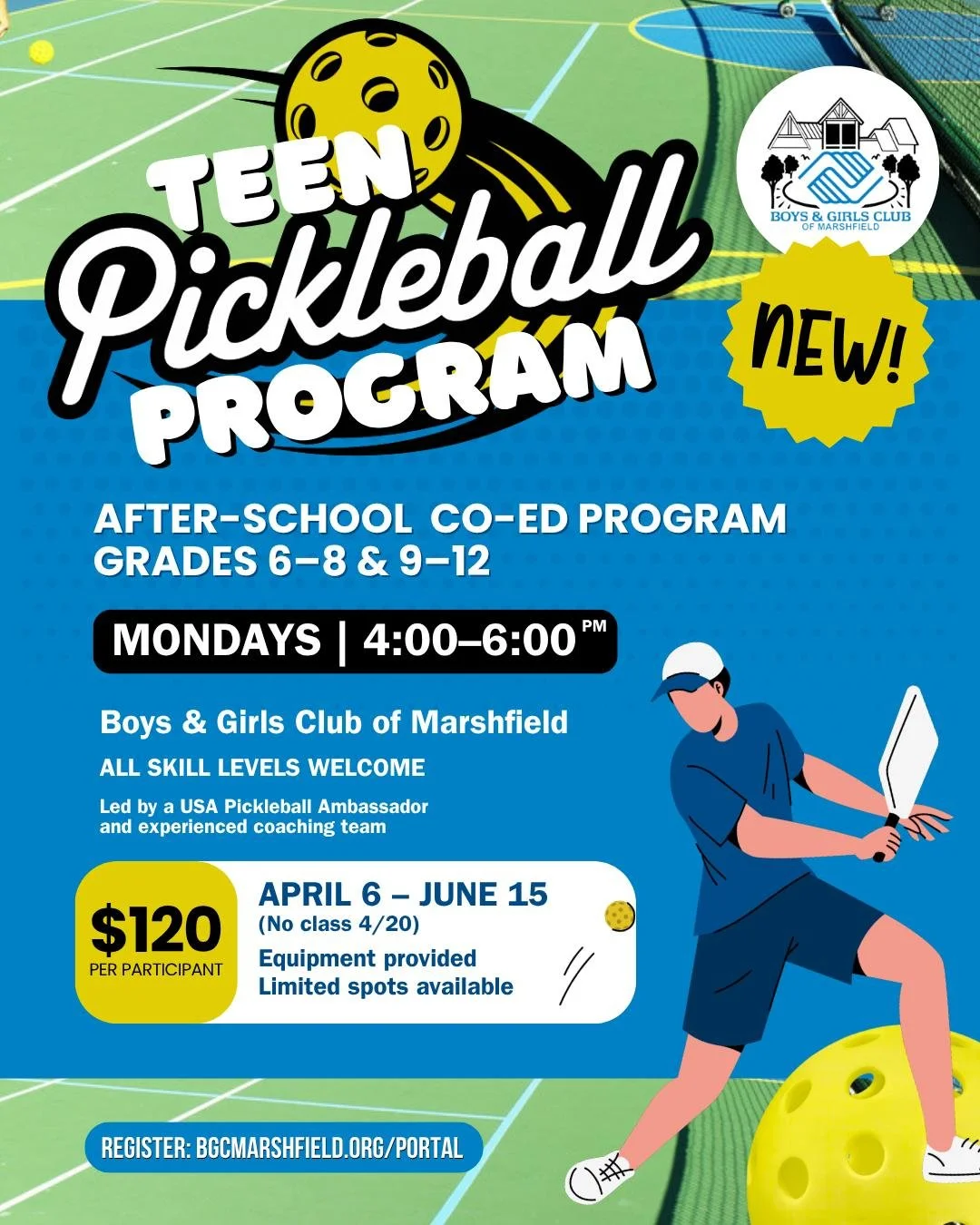 Looking for something new after school?

Our Teen Pickleball Program is a fun, social way to stay active and build skills &mdash; whether you're just starting or already playing. Led by an experienced coaching team, this program is designed for all s