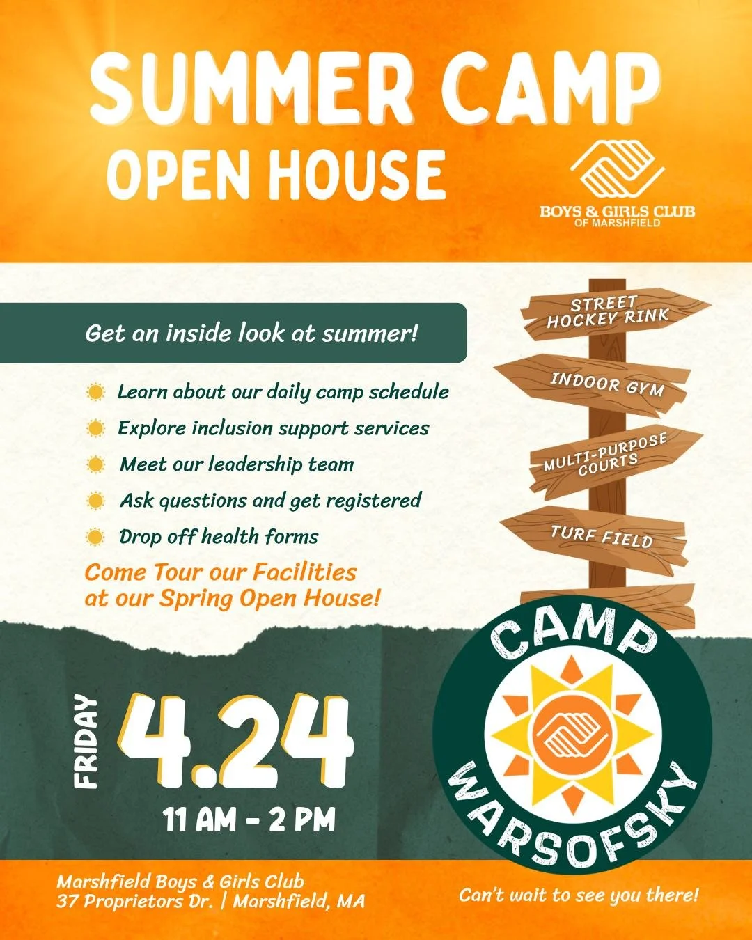 Join us for our Summer Camp Open House! ☀️

Get an inside look at Camp Warsofsky, meet our team, explore our facilities, and get all your questions answered before summer begins.

📅 Friday, April 24
⏰ 11 AM &ndash; 2 PM
📍 37 Proprietors Dr, Marshfi
