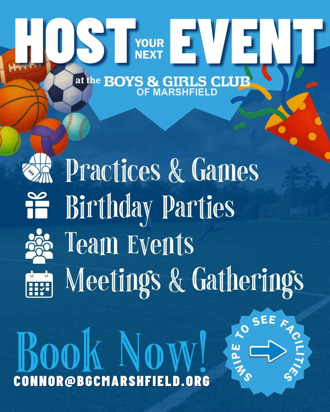 Looking for a space that can do it all?

At the Boys &amp; Girls Club of Marshfield, our facilities make it easy to host anything from practices and games to parties and large events.

With access to our turf field, street hockey rink, pavilion, gymn