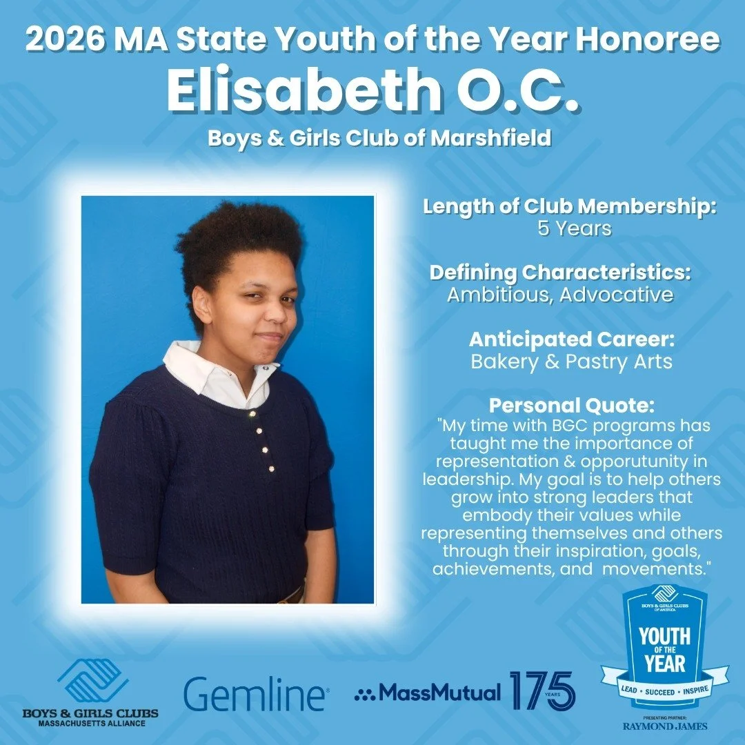 Celebrating an incredible leader in our Club community 💙

We are so proud to have Eli representing the Boys &amp; Girls Club of Marshfield as a 2026 Massachusetts State Youth of the Year Honoree 🎉

With dedication, ambition, and strong advocacy, El