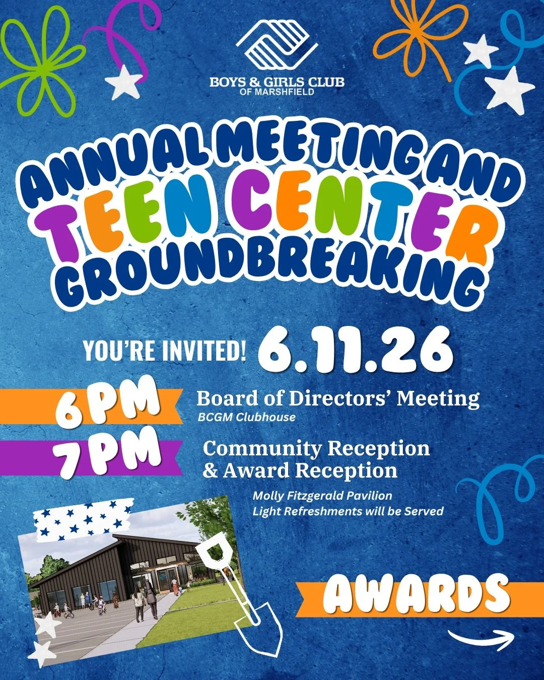 Join us as we celebrate an exciting new chapter for the Boys &amp; Girls Club of Marshfield! 💙✨

You&rsquo;re invited to our Annual Meeting and Teen Center Groundbreaking on June 11, 2026 as we come together to recognize this year&rsquo;s award reci