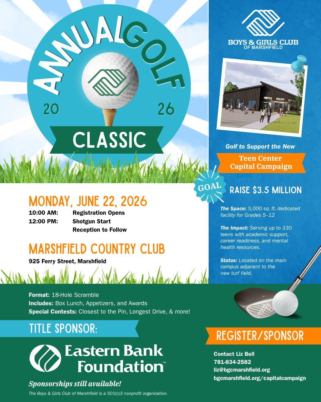 ⛳️ Tee up for a great cause at the 2026 Annual Golf Classic hosted by the Boys &amp; Girls Club of Marshfield! 💙

Join us on Monday, June 22, for a day of golf, community, and impact &mdash; all in support of the new Teen Center Capital Campaign.

W