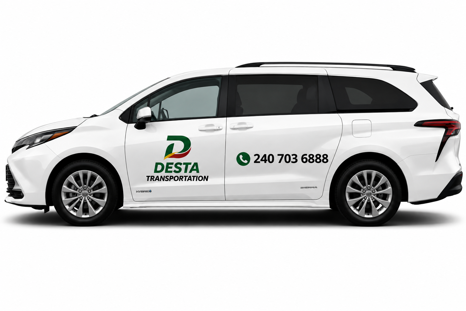 White transportation van with Desta Transportation logo and contact info, black windows, silver alloy wheels, and black accents.