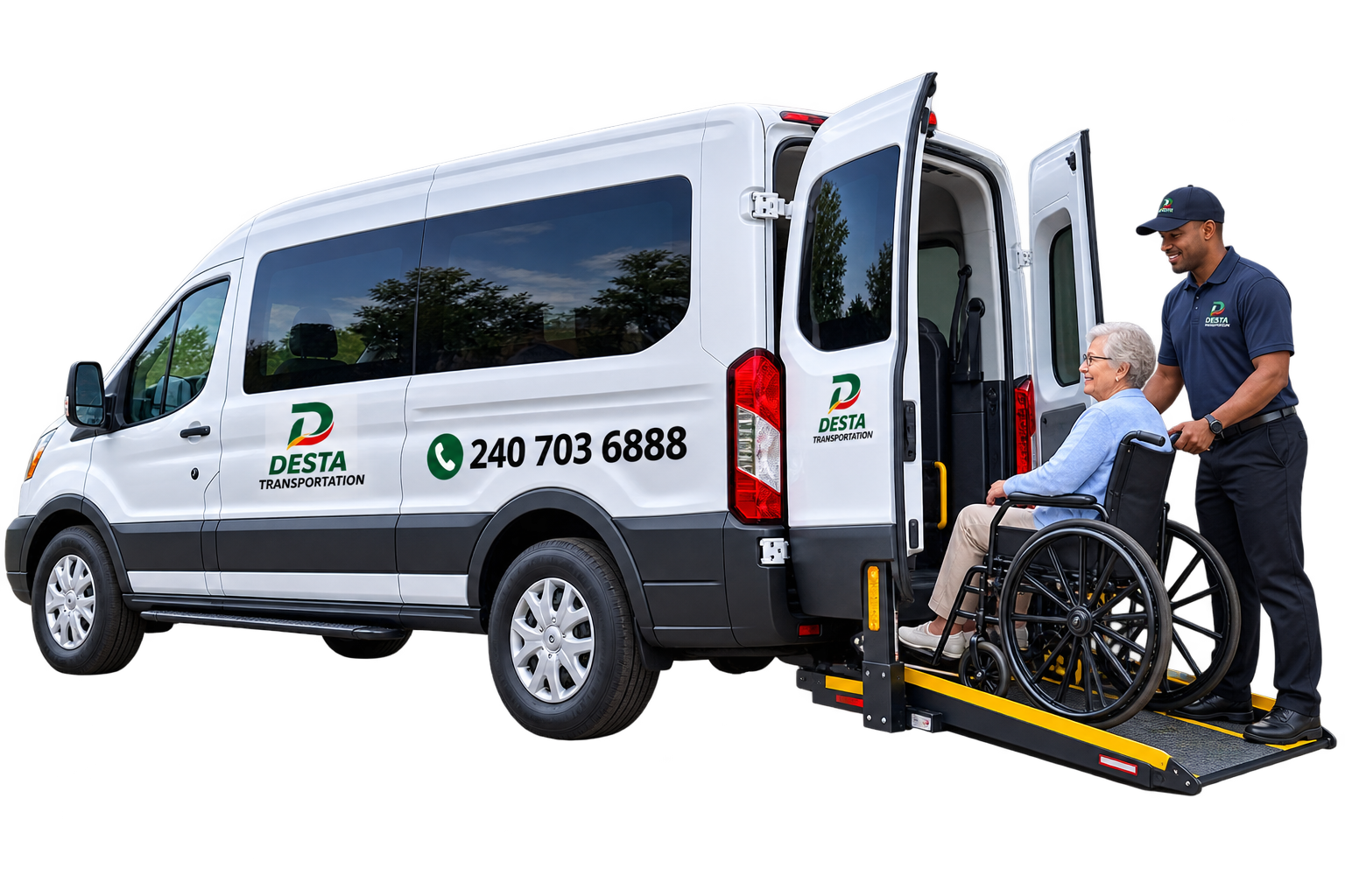 A white van with the logo for DESTA Transportation, showing a phone number, and a caregiver assisting an elderly woman in a wheelchair entering the van through a wheelchair lift.