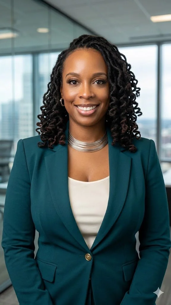 A professional woman with styled natural hair, wearing a teal blazer, white top, and silver jewelry, smiling in an office setting.