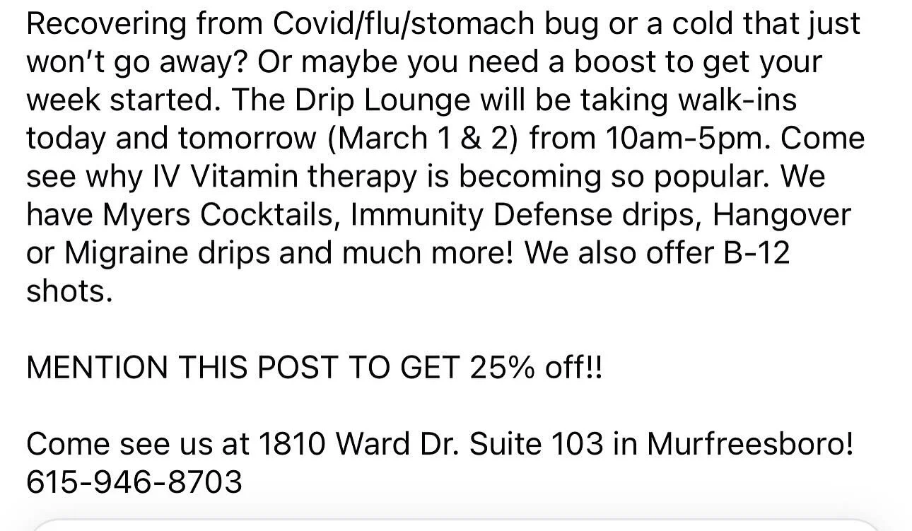 Come in today or tomorrow and take advantage of this special!! #ivtherapy #ivhydrationtherapy #selfcare #murfreesboro