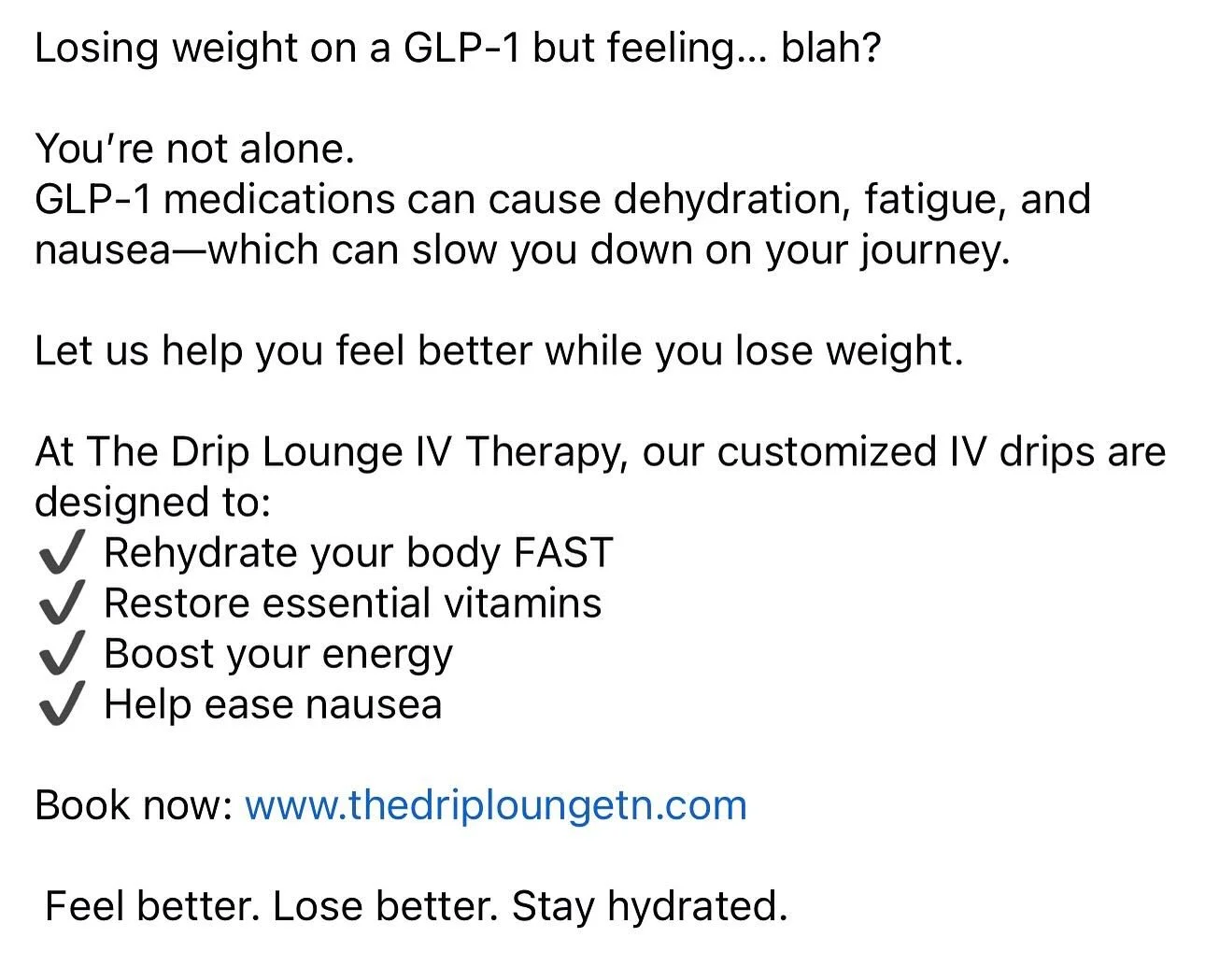 Need a boost to help overcome that GLO1 exhaustion or nausea? Come see me!
#thedriploungetn #ivhydrationtherapy #ivhydration #ivvitamins  #murfreesboro
