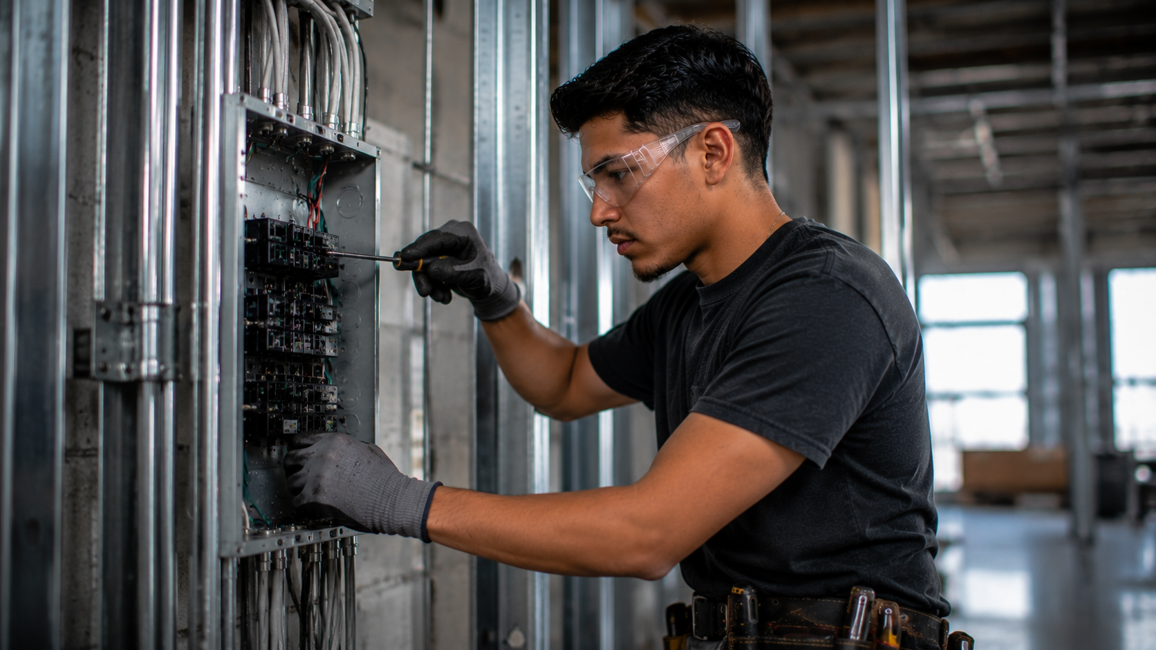 A technician working on electrical wiring inside an open metal electrical panel, wearing safety glasses and gloves.