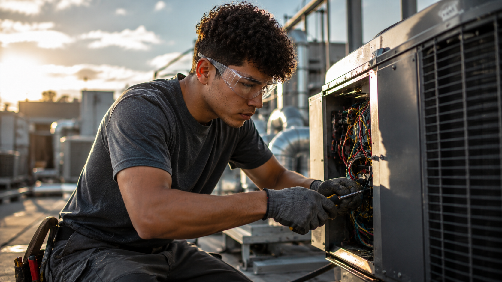 A technician wearing safety goggles and gloves working on the electrical components inside an air conditioning unit or HVAC system on a rooftop during sunset.