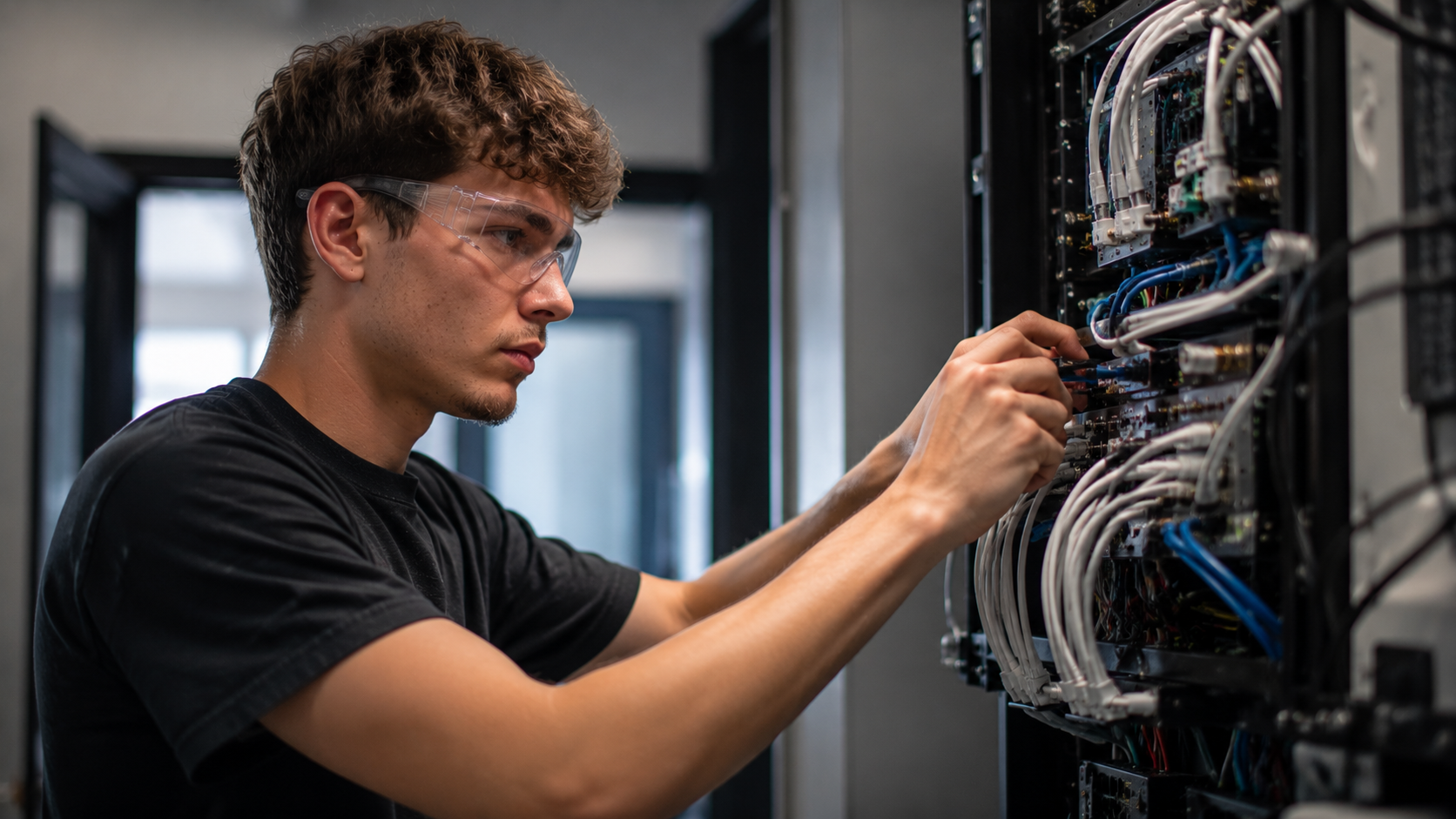 A young man wearing safety glasses working on the internal components of a server rack with multiple cables.