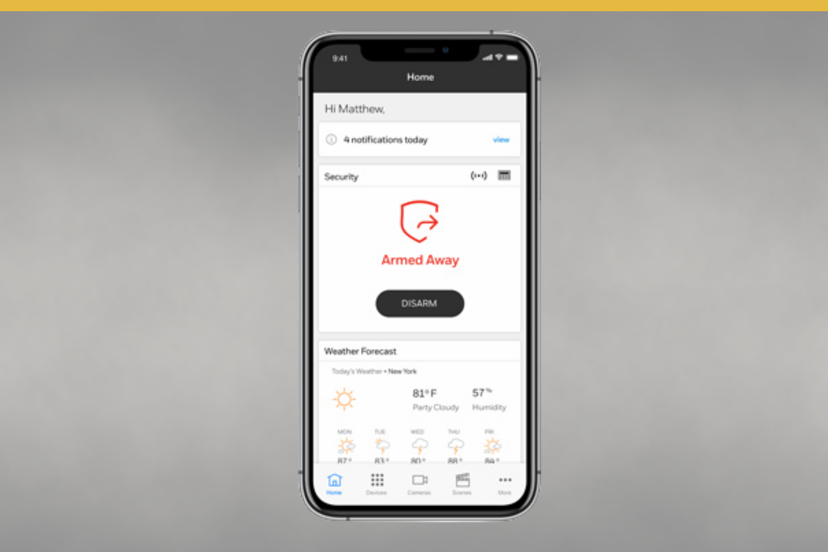 Smartphone displaying the Sellhorst Total Connect App interface with an 'Armed Away' status and local weather updates, highlighting mobile home security control.