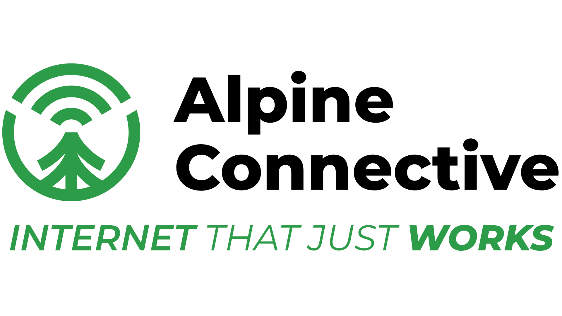 A company logo, Alpine Connective, with custom wifi symbol integrating a tree and beacon, as well as the words "internet that just works"