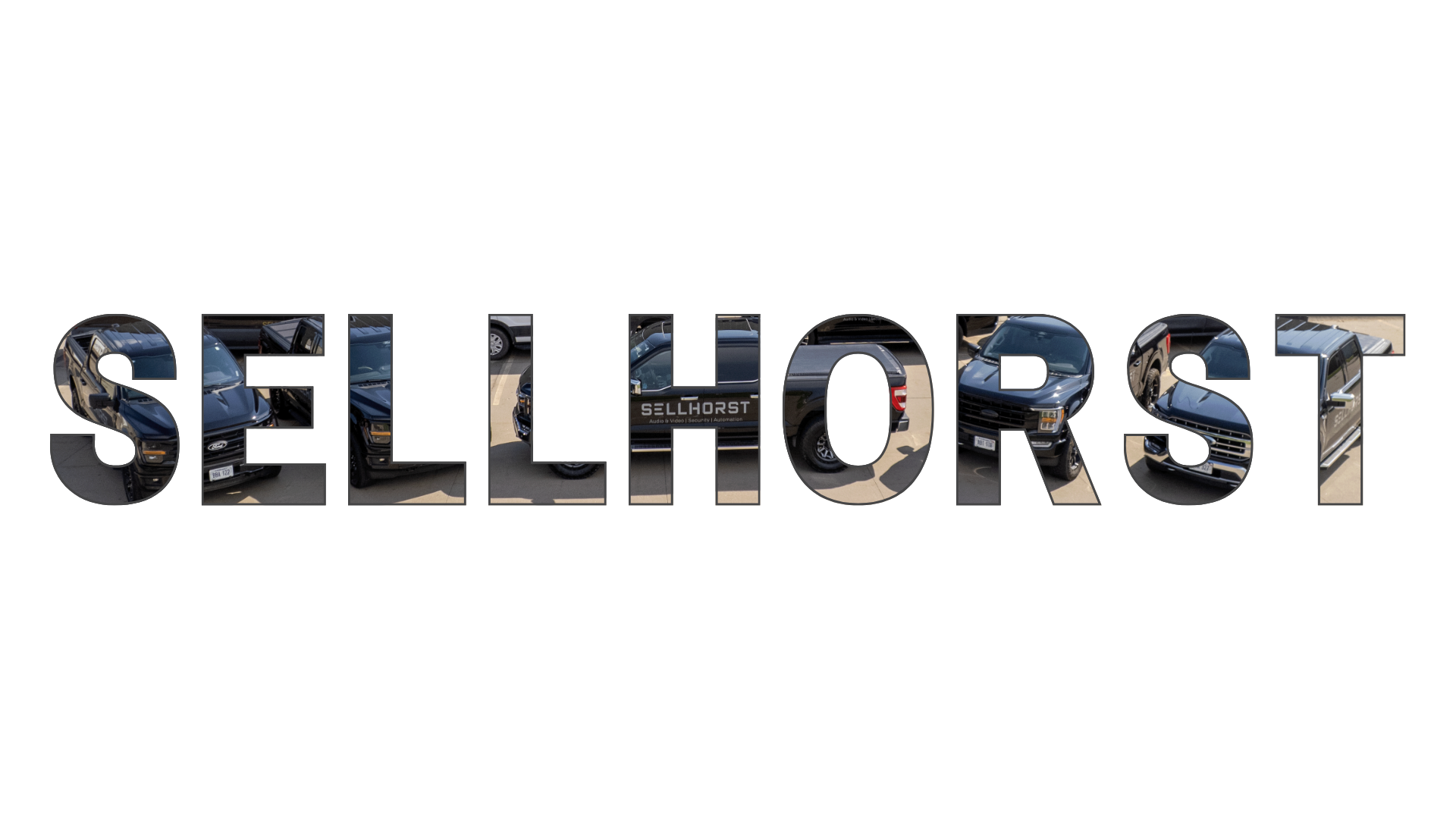 The word "Sellhorst" spelled out in large, 3D letters filled with images of parked black and dark-colored trucks and SUVs in a parking lot.