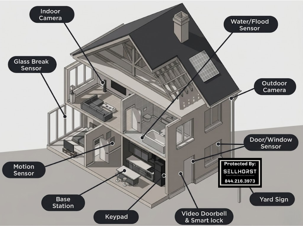 Sellhorst Security & Sound home protection diagram illustrating a comprehensive smart home security layout with 24/7 monitoring components.