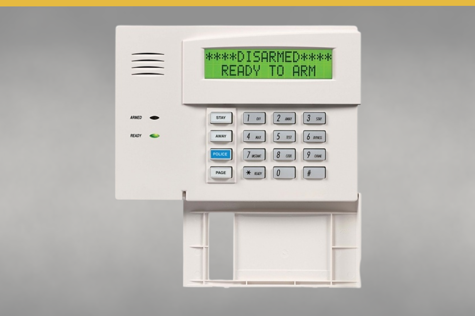 Sellhorst Security & Sound hardwired alarm keypad with a green digital display showing a 'Disarmed Ready to Arm' status, representing reliable built-in home protection.