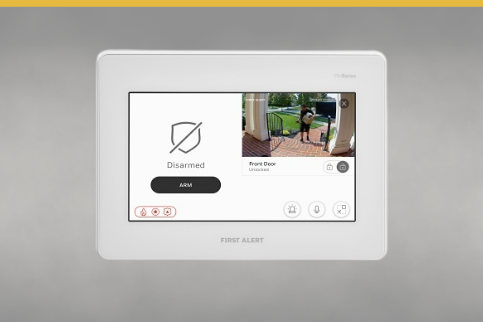 Modern Sellhorst Security & Sound wireless touchscreen control panel displaying a live front porch camera feed, illustrating flexible and integrated smart home monitoring.
