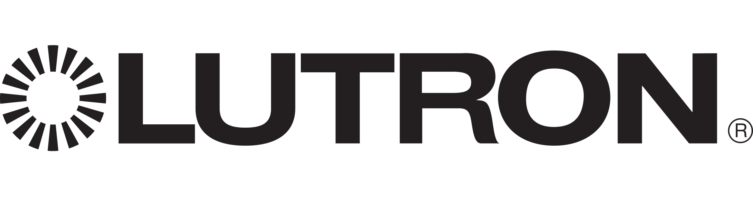 Lutron logo with black text and a circular graphic symbol to the left.
