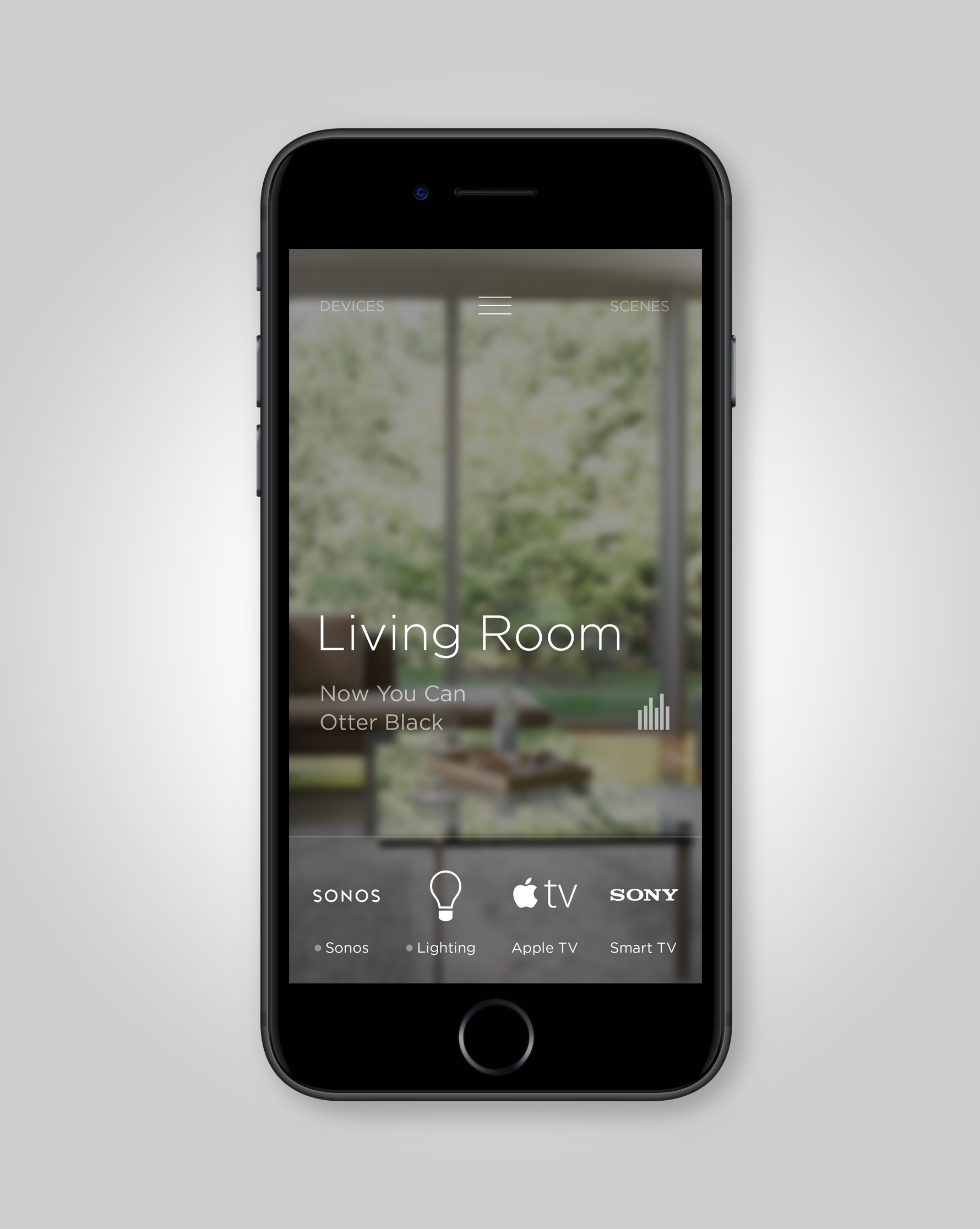 Smartphone displaying a home automation app with controls for living room devices, lighting, Apple TV, and smart TV, with a blurred background of a living room and large windows.
