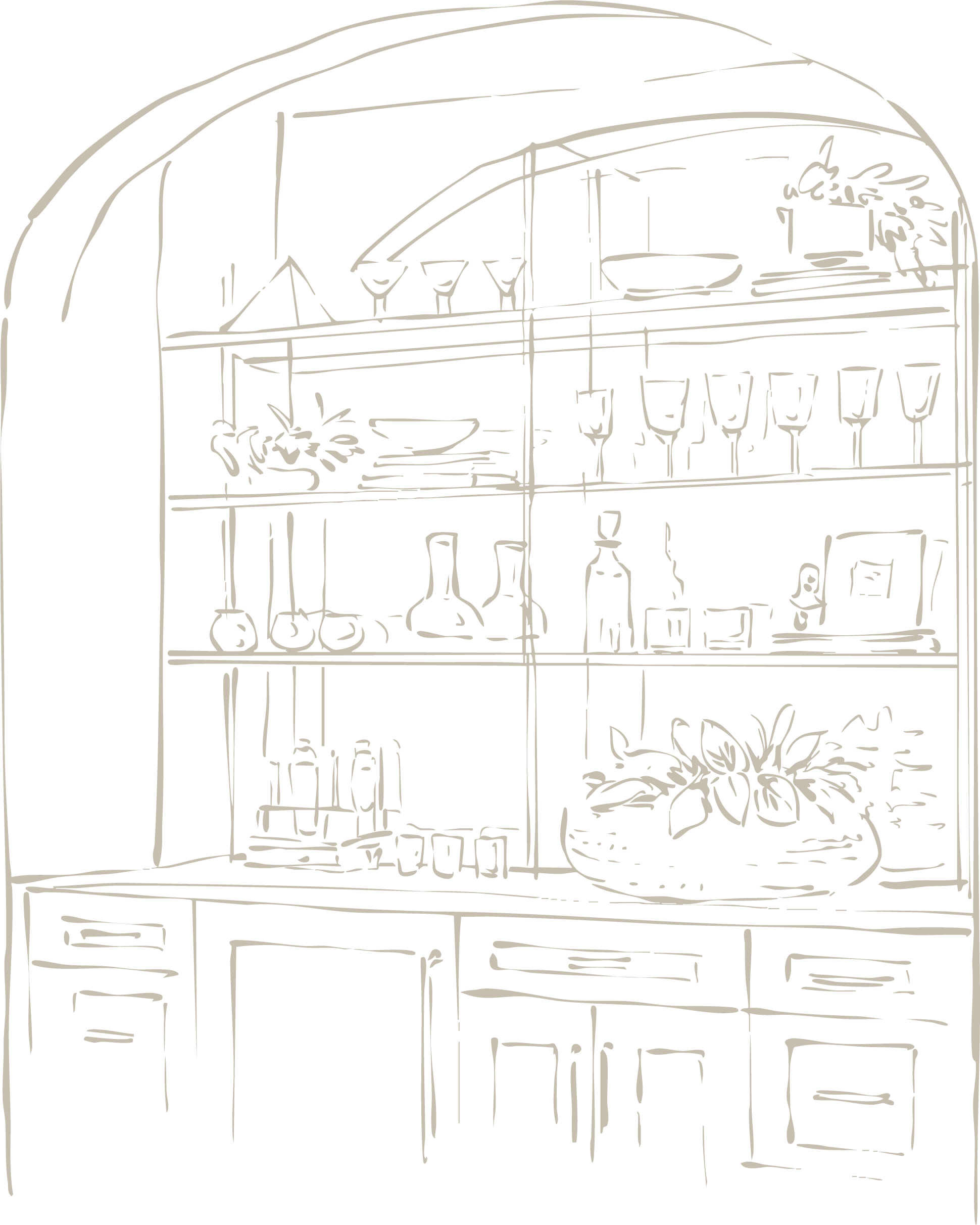 Line drawing of a kitchen cabinet filled with glassware, bottles, and decorative items.