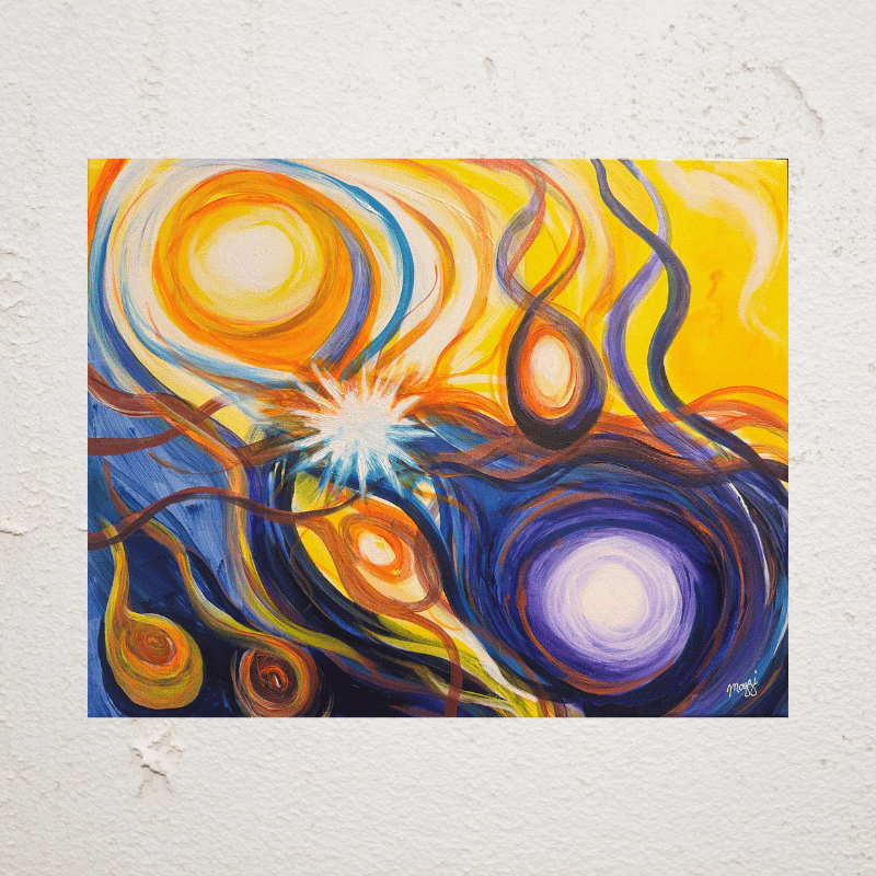 Abstract intuitive painting of the Seven Hermetic Principles from The Kybalion, acrylic on canvas by Jungian artist Maggi Colwell