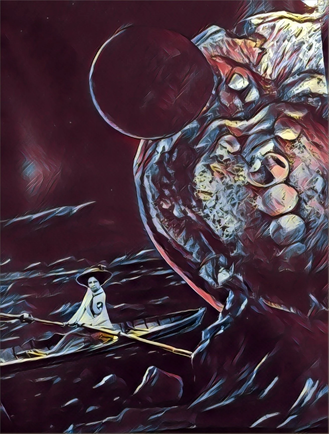 An artistic painting featuring Pluto with a dark sky. In the foreground, a woman traveler in a small boat holds an oar, dressed in an Edwardian dress. The overall style is surreal and painterly with bold colors