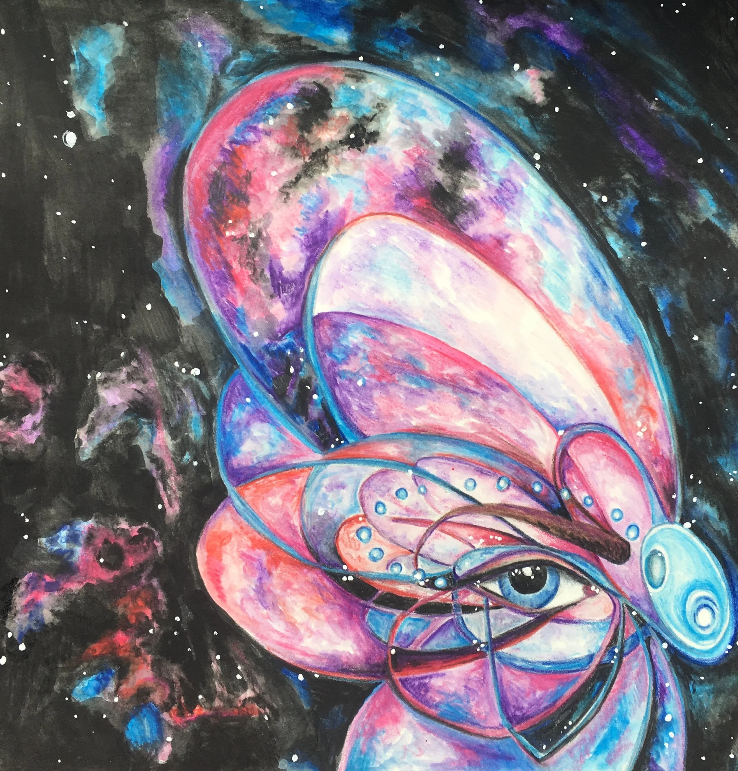 Watercolor painting of an eye and butterfly wings or petal shapes, with swirling colors representing atmosphere and cosmic environment, including stars and nebulae.
