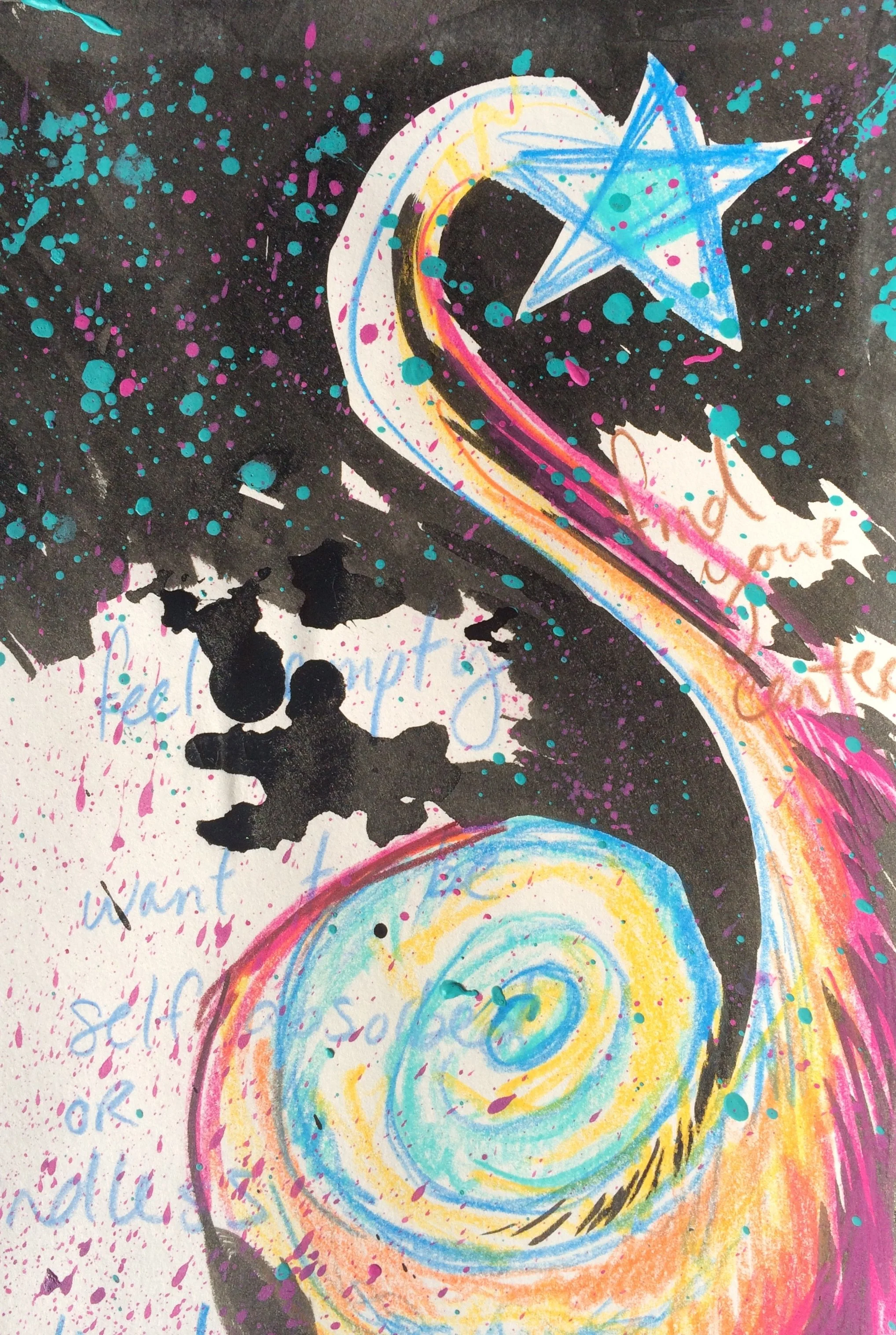 Colorful abstract drawing featuring rainbow spiral, a blue star, and splashes of pink, blue, purple, and black paint, with handwritten words like "want" and other partially visible text.