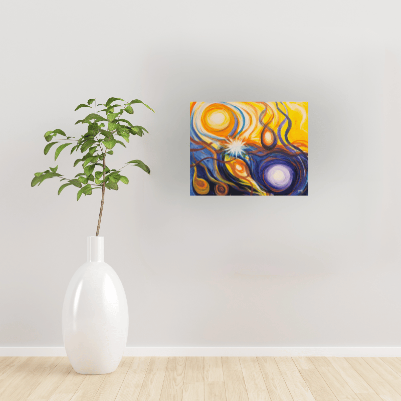Abstract intuitive painting of the Seven Hermetic Principles from The Kybalion, acrylic on canvas shown in a space,  by Jungian artist Maggi Colwell