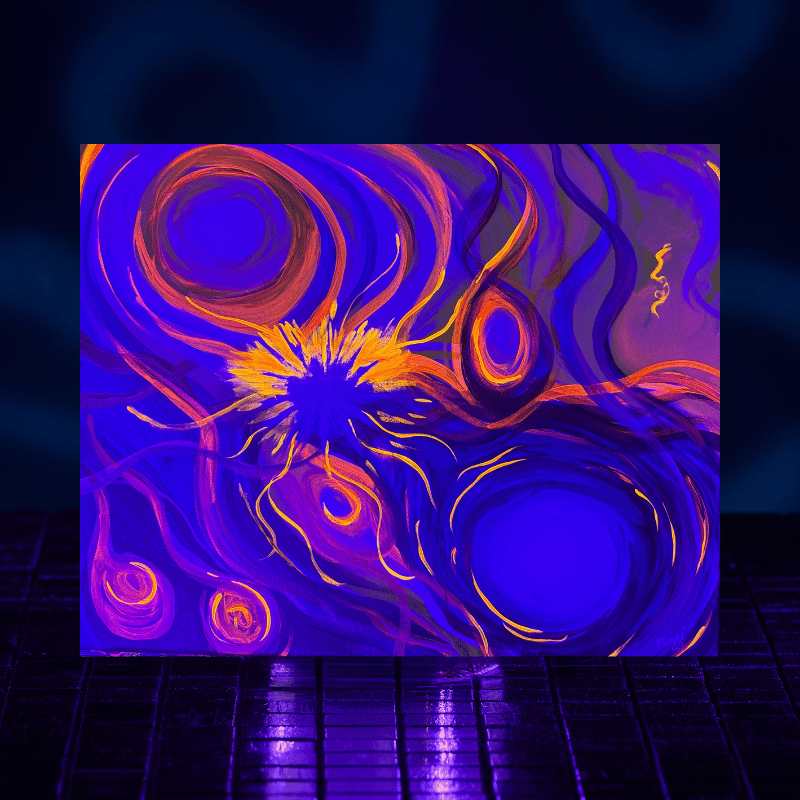 Abstract intuitive painting of the Seven Hermetic Principles from The Kybalion, acrylic on canvas shown as blacklight layer, by Jungian artist Maggi Colwell