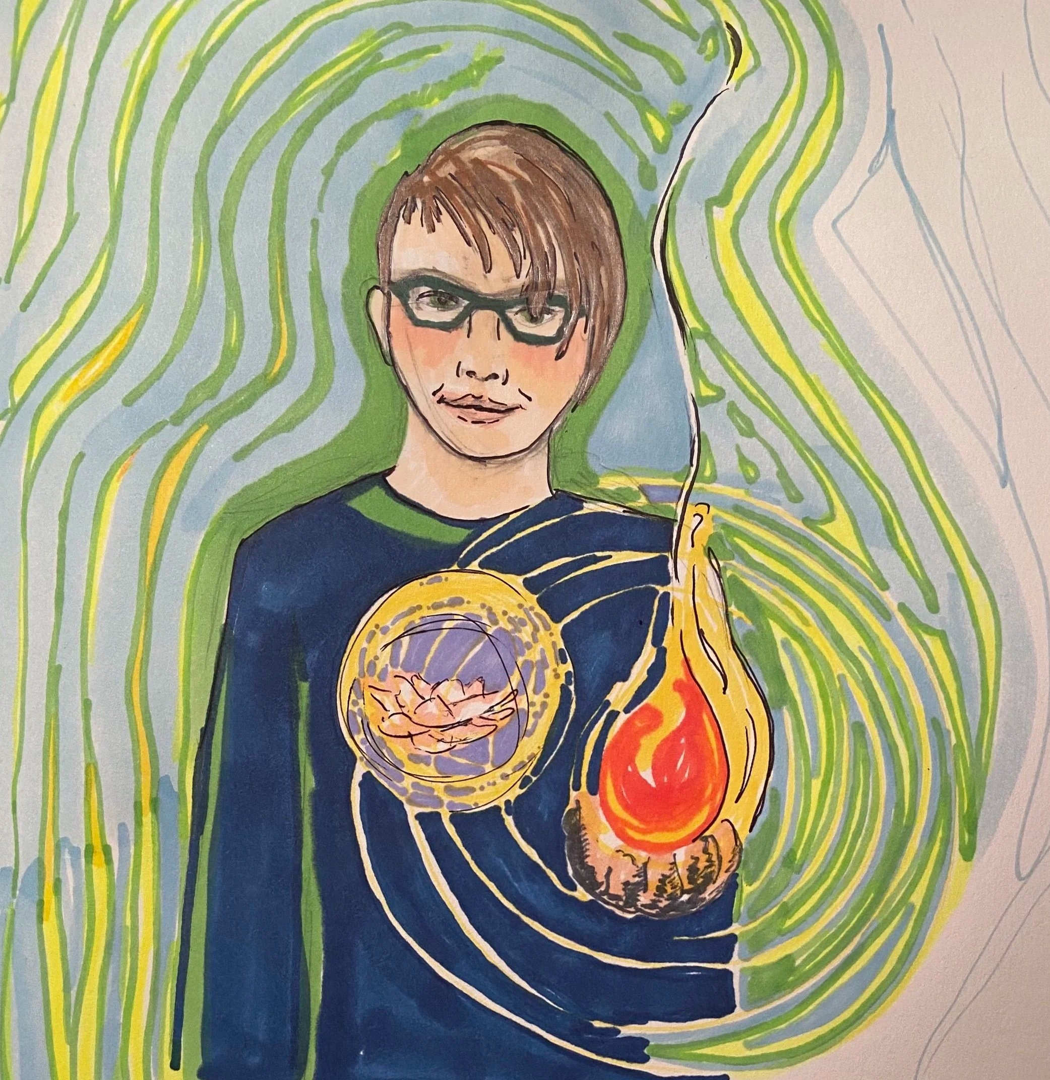Illustration of a woman with short brown hair and glasses, smiling, with a lotus flower in front of her at her heart, set against a swirling green and blue background and a fire floating above her had representing auras and energy.