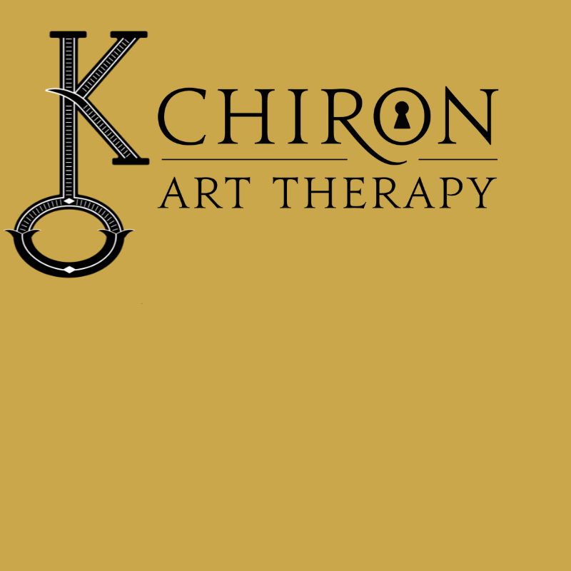 Logo for Chiron Art Therapy with a stylized 'Chiron glyph' that resembles a key on a keyring, black text on a gold background.