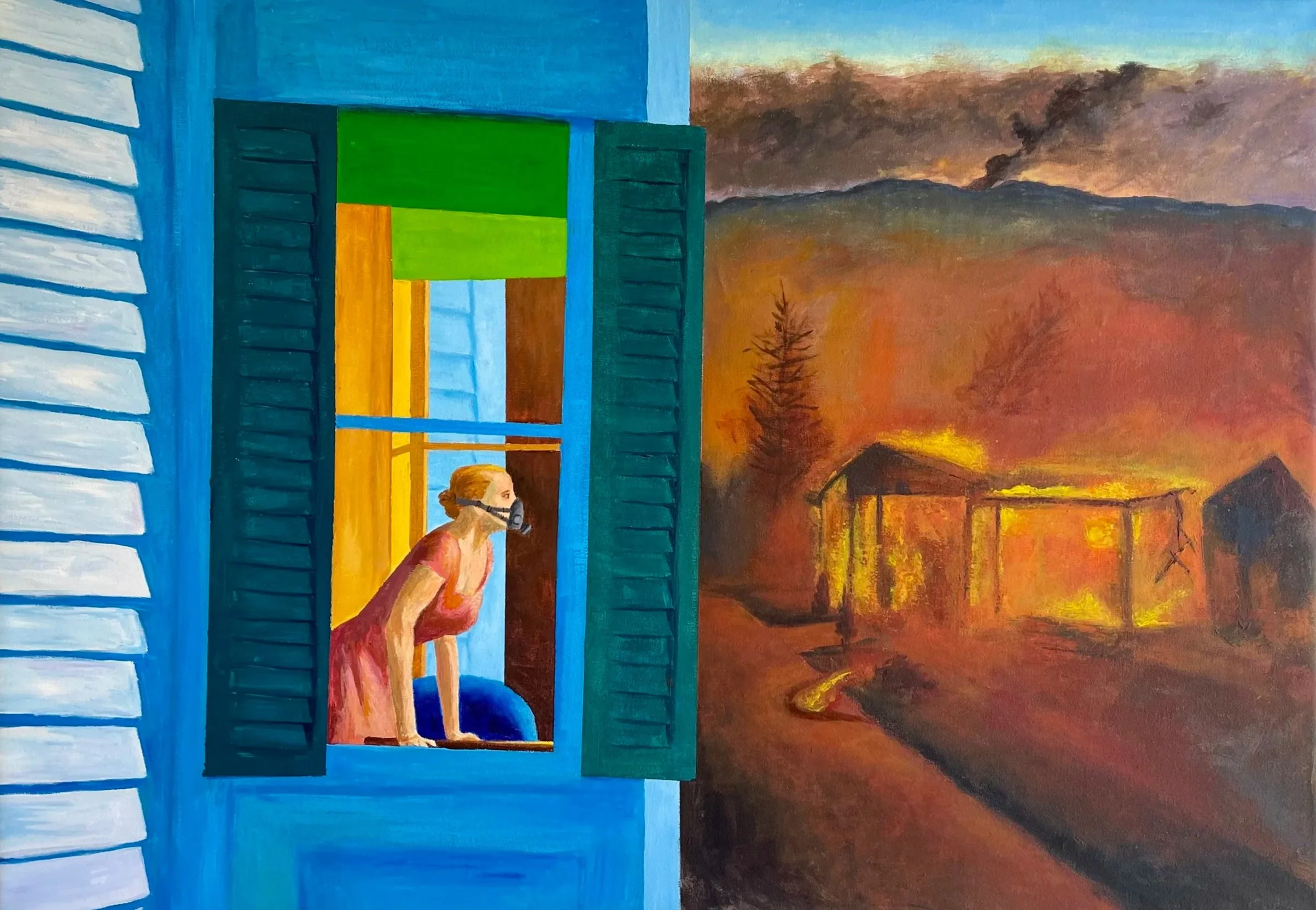 Facing Fire, 2025. Acrylic on canvas - 28 x 40 inches. Private collection. Inspired by Edward Hopper. 