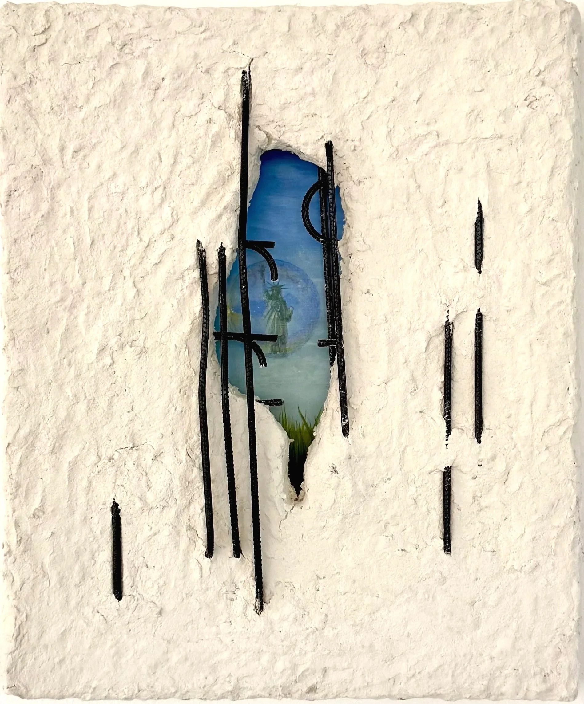 The Berlin Wall Did Not Fall From The Sky, 2025. Mixed Media including Celluclay, rebar stakes, and oil on canvas - 24 x 20 x 2.5 inches. 