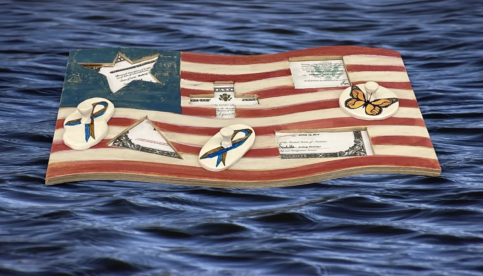 False Fit, 2025. Mixed Media including wood, digital print, document's copy, self-drying clay, acrylic paint - 24 x 36 x 2 inches. 