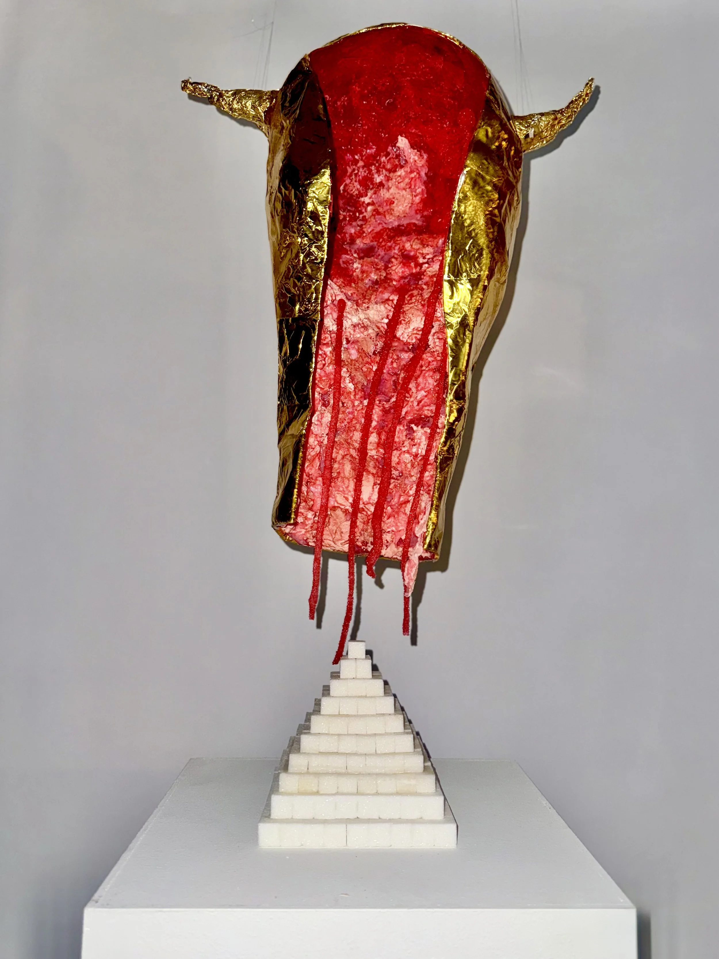 The Bittersweet, 2025. Mixed Media, including newspaper, sugar, and cotton candy - 27 x 14 x 8 inches. 