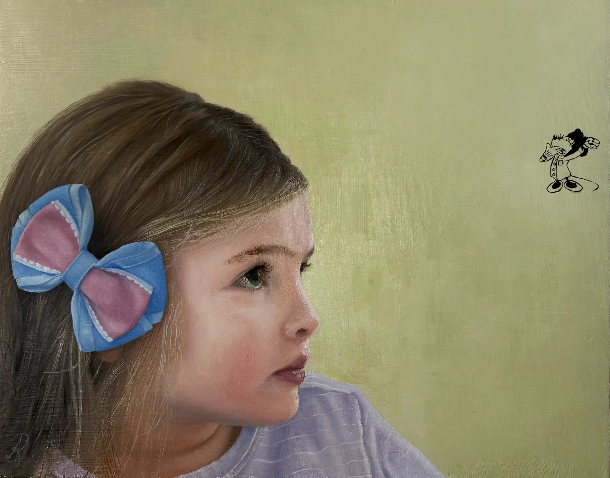 Girl with Bow and Minnie Mouse, 2026. Oil on  canvas. 16 x 20 inches. Private collection. 