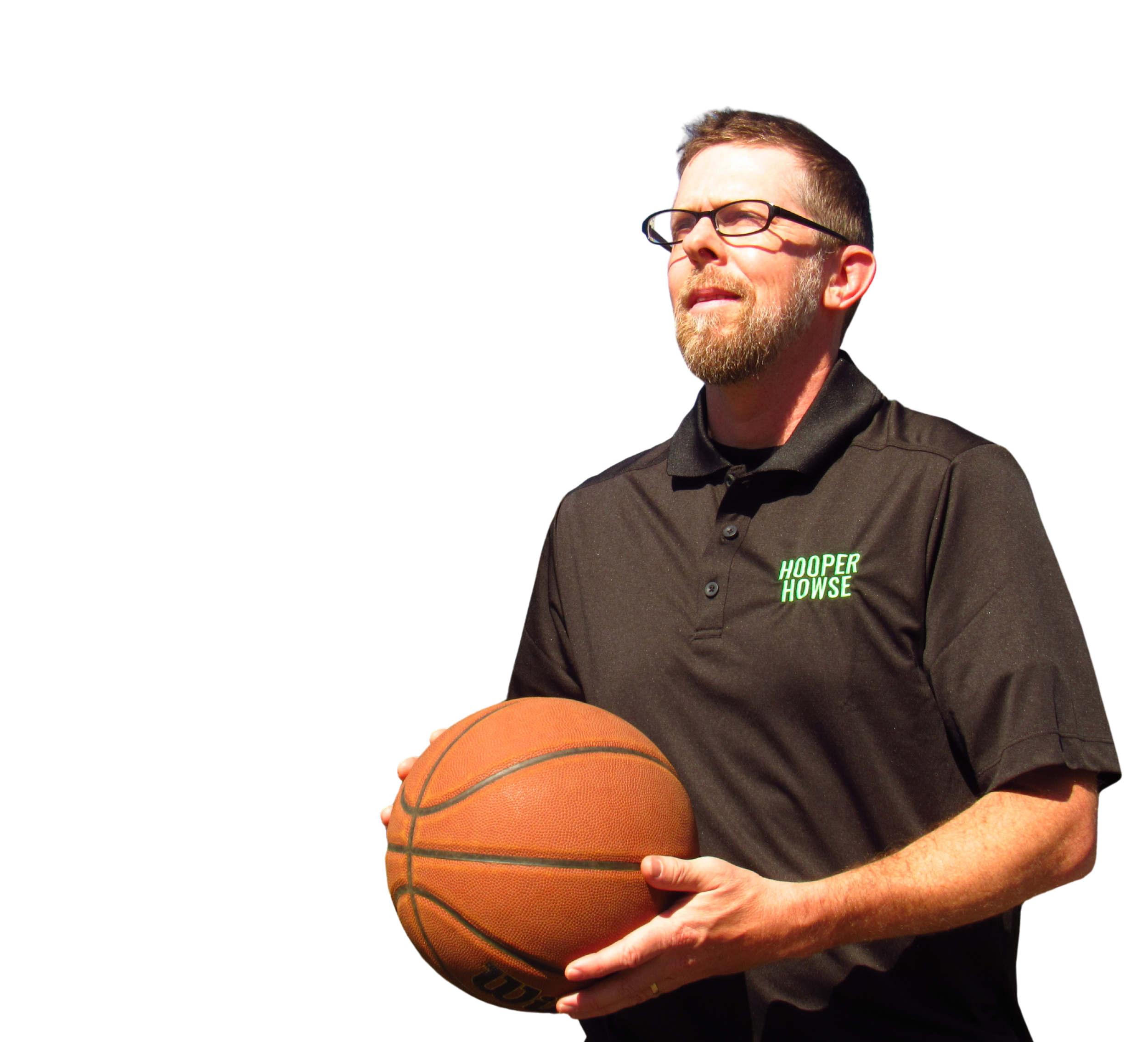 A man wearing glasses and a black polo shirt with green text holding a basketball against a transparent background.
