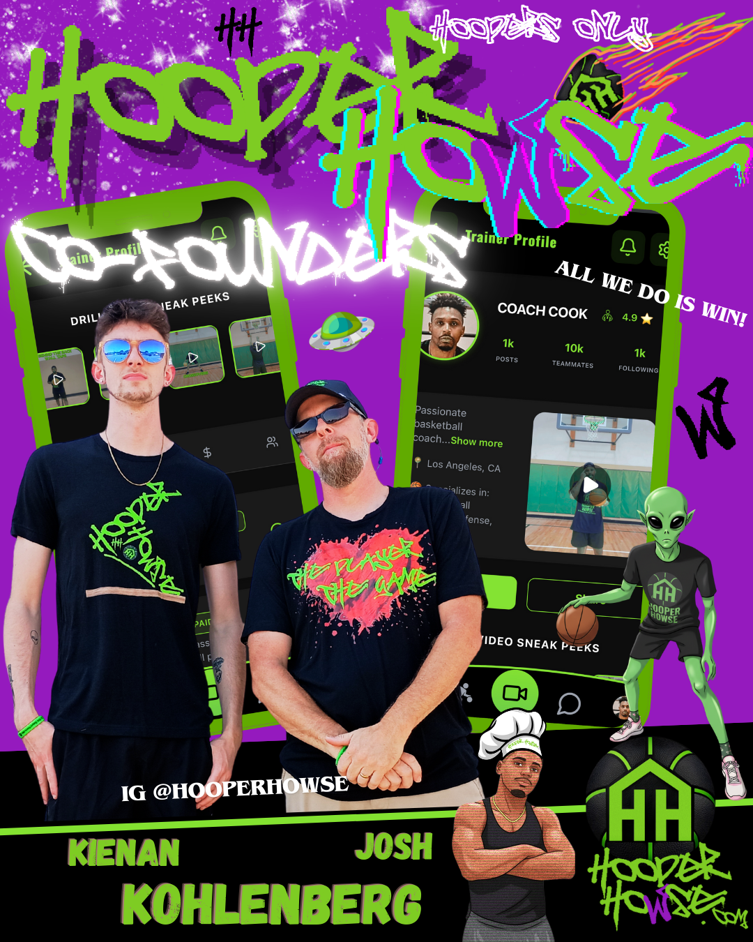 Collage of two men in front of a digital background with gaming and basketball themes, including screenshots of a social media profile, cartoon aliens, and graffiti-style text that reads 'Hoopers Only,' 'All We Do Is Win,' and 'Kienan Kohlenberg.'