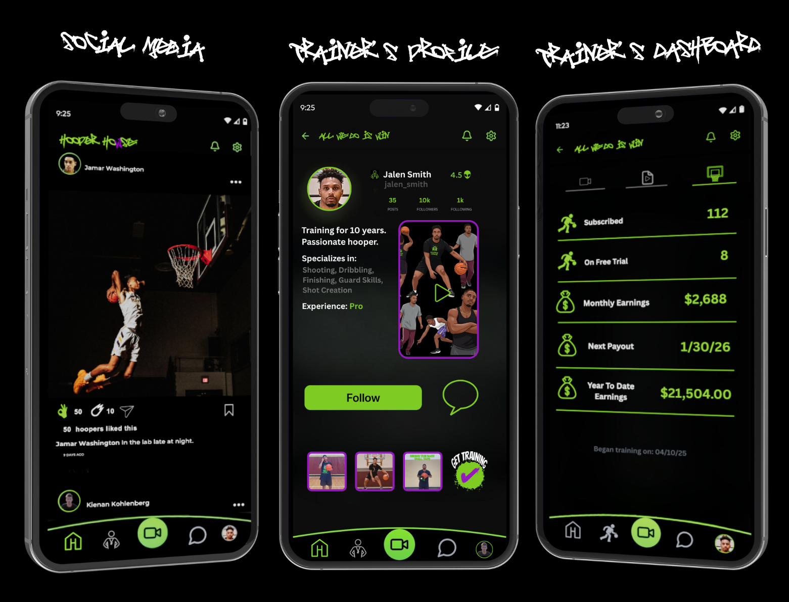 Screenshots of a basketball app with three dashboards: social media profile with a basketball player, trainer's profile with training videos, and earnings dashboard showing subscription count, free trials, earnings, and payout date.