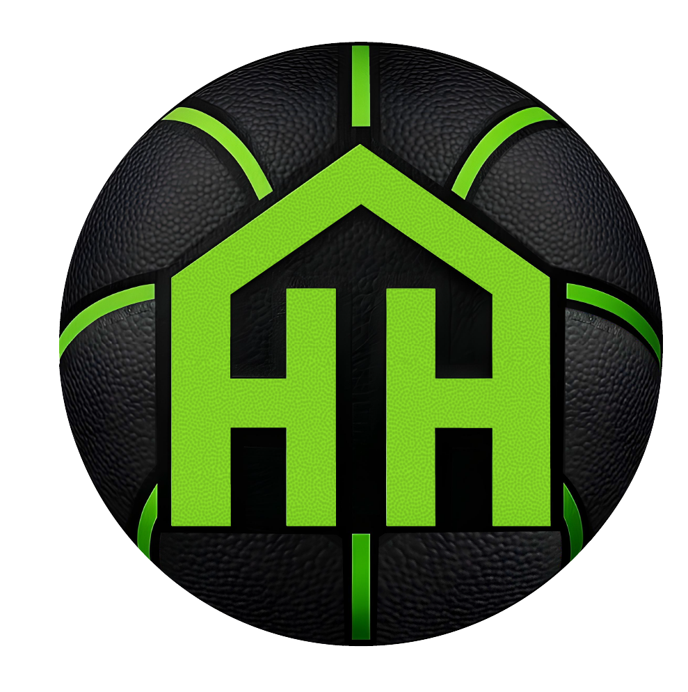 A black basketball with green highlights featuring a green house icon with two H's inside.