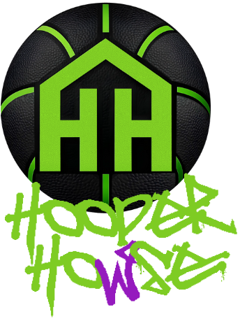 A basketball with a green and black logo featuring two 'H' letters and an outline of a house, with some stylized, colorful text or graphics overlaying it.