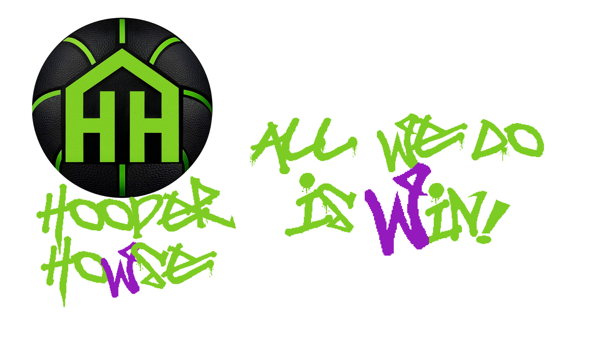 A logo with a black and green basketball, featuring two green letter H's inside, beside stylized text reading 'Hooper Howse' in green and purple with a black background.
