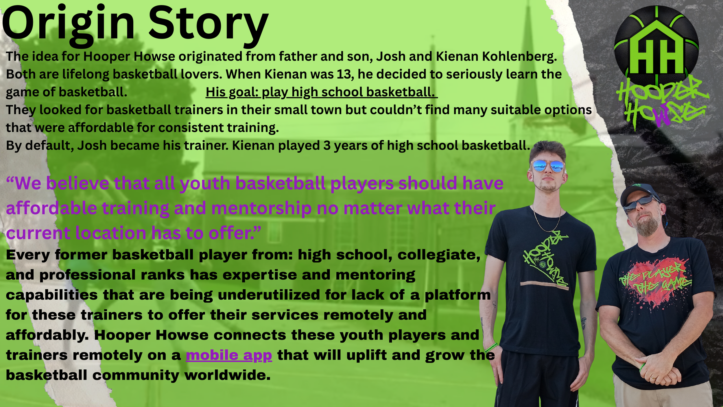 Two young men wearing Hooper Howse T-shirts and sunglasses stand outdoors, with a bright green background and text about basketball training and mentorship.