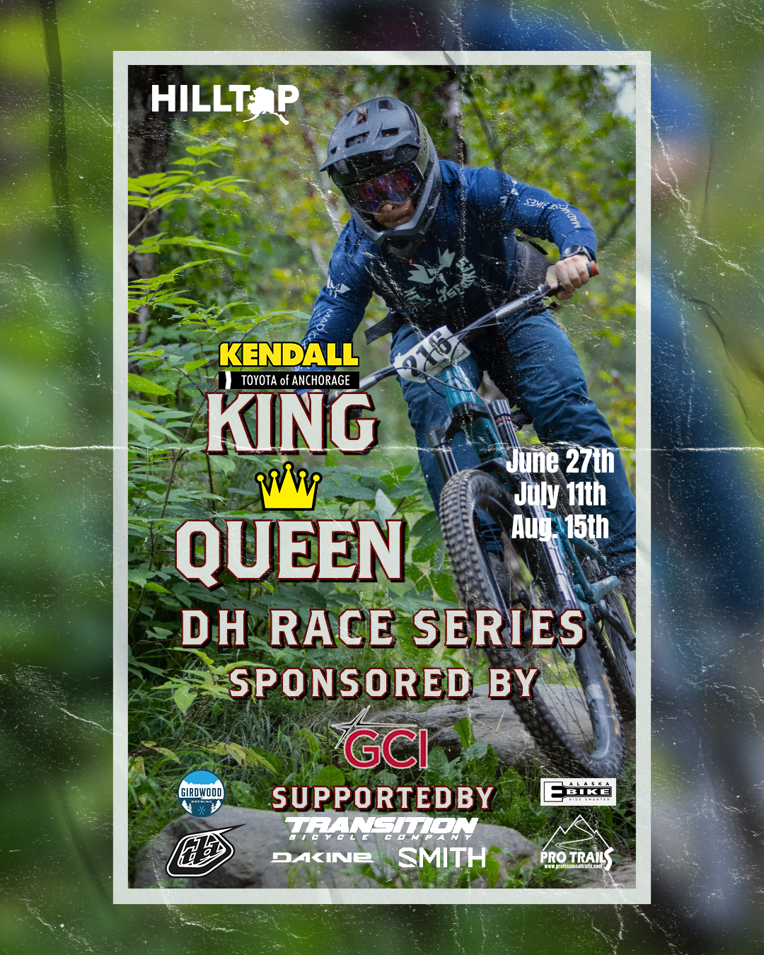 A mountain biker riding through a forest trail during a race, wearing a helmet and protective gear, with event details overlaid on the image.